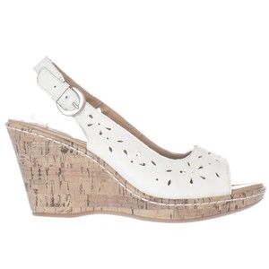 BOC Born White Leather Sandals Sz 10 Cork Wedge Heel Floral Cut Outs Slingback